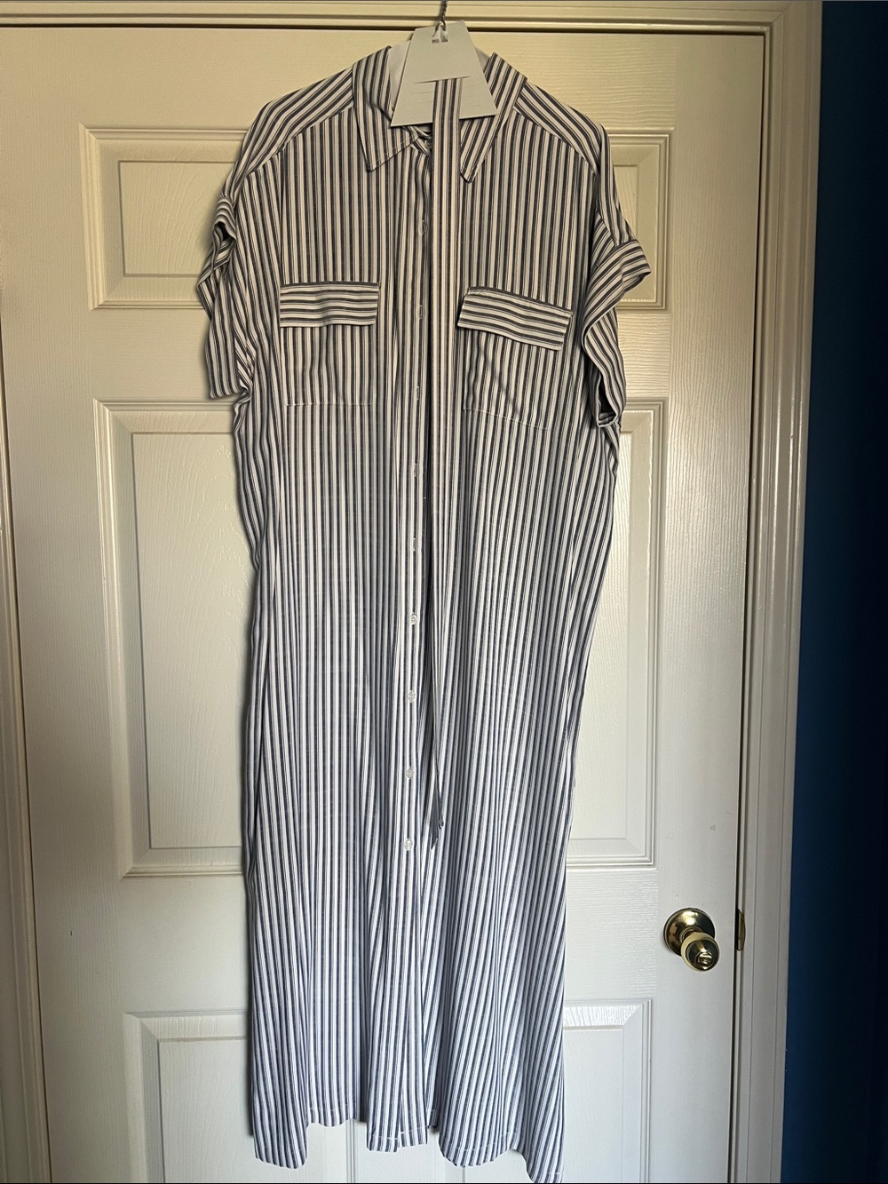 Striped Button-Front Shirt Dress in White and Navy 4th of July ready